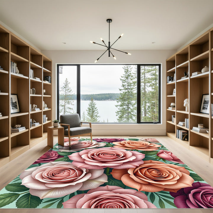 Romantic Pink Peach Rose Garden Rug