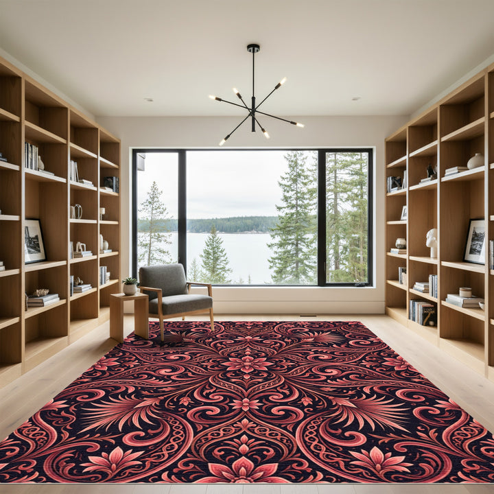 Crimson Floral Scrollwork Rug