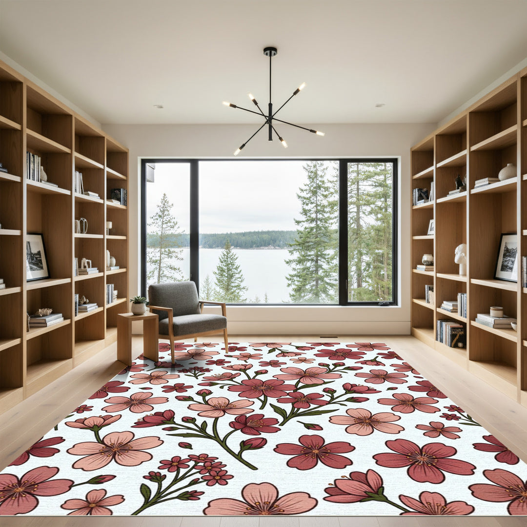 Rosy Pink Floral Branches Pattern Rug