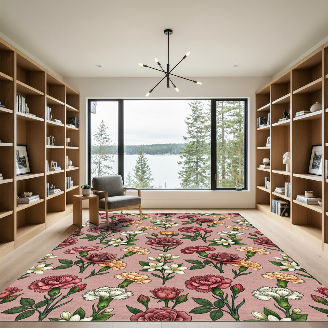 Deep Red Floral Bouquet Arrangement Rug