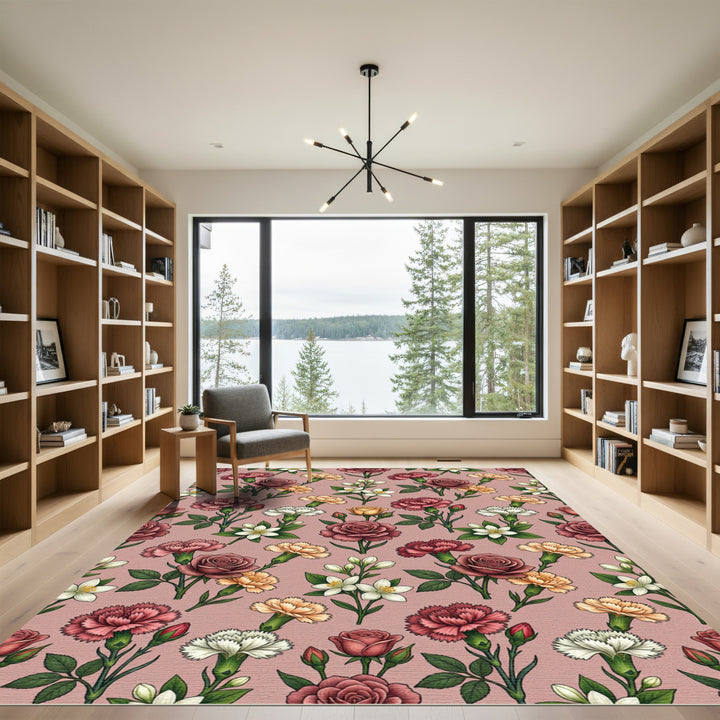 Deep Red Floral Bouquet Arrangement Rug