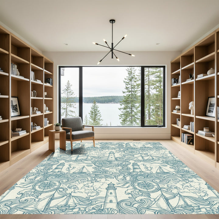 Nautical Teal Lighthouse Sailboat Compass Scenic Rug