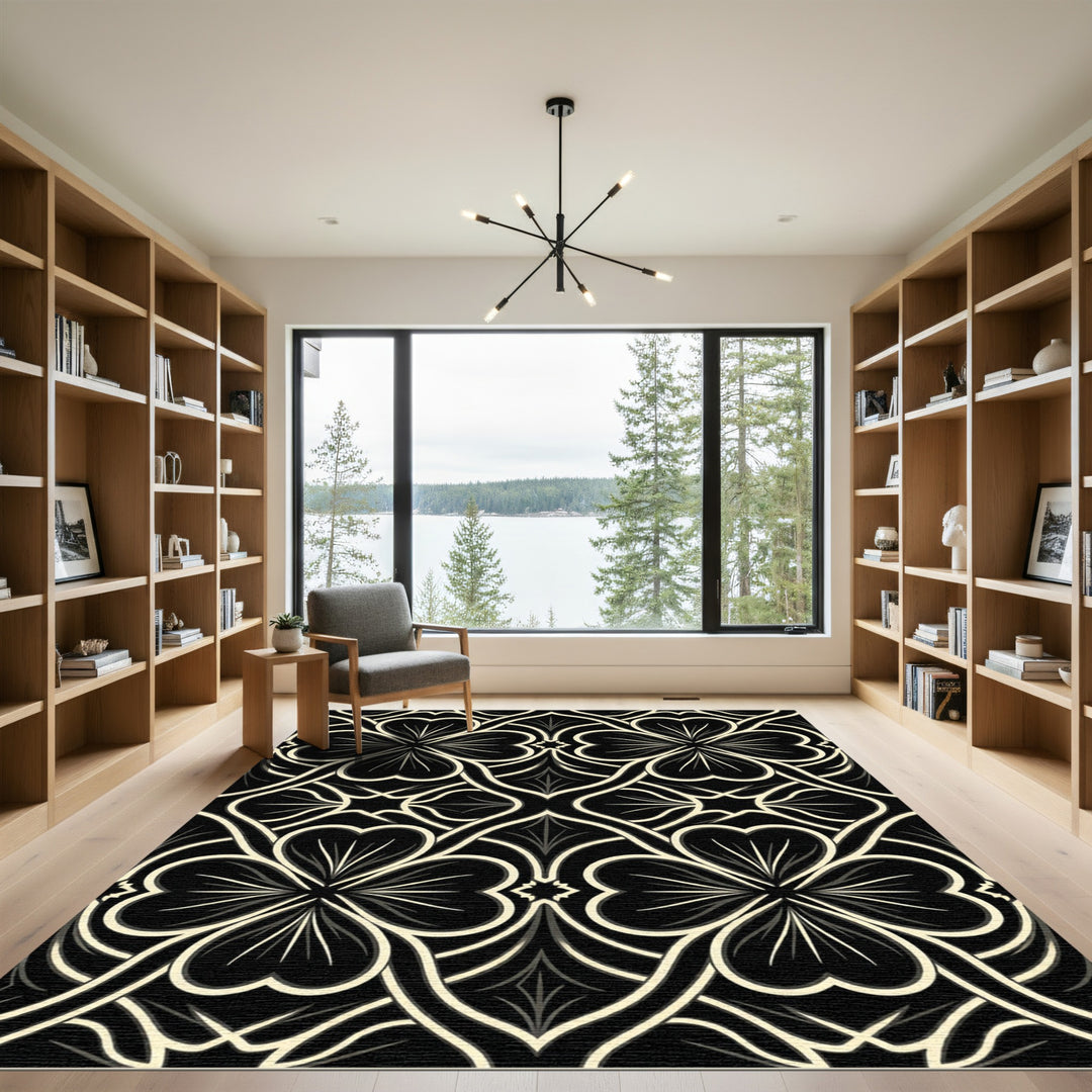 Black Cream Quatrefoil Lattice Rug