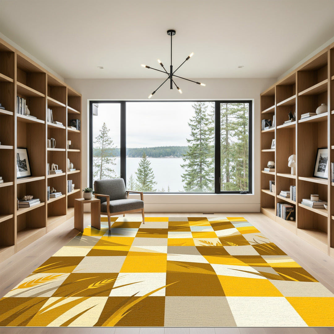 Golden Wheat Field Checkered Landscape Rug
