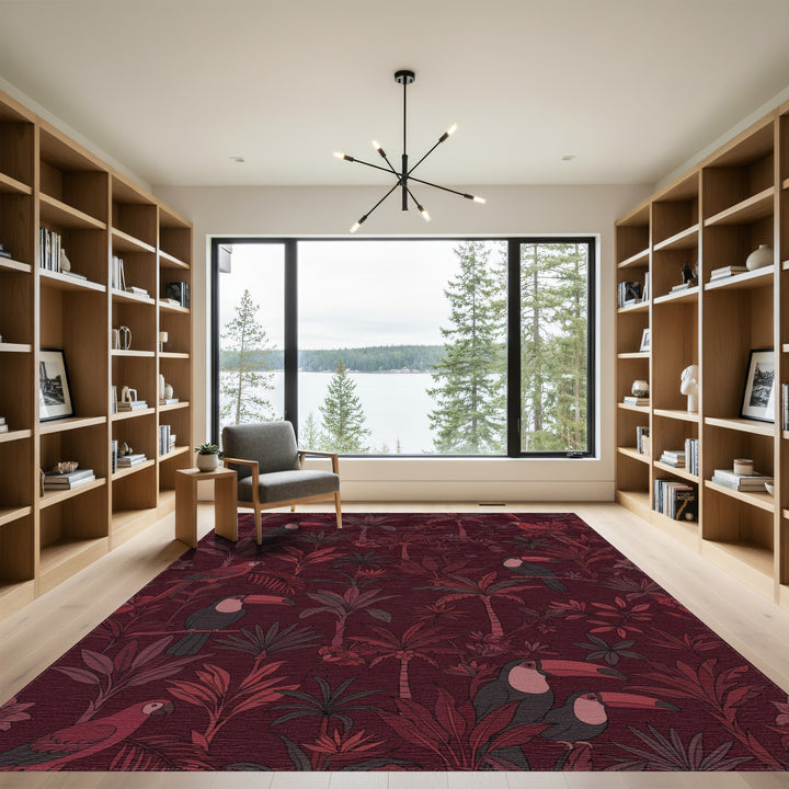 Deep Red Tropical Toucan Parrot Jungle Rug
