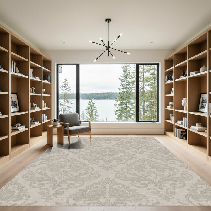 Subtle Tan Damask Scroll Work Rug
