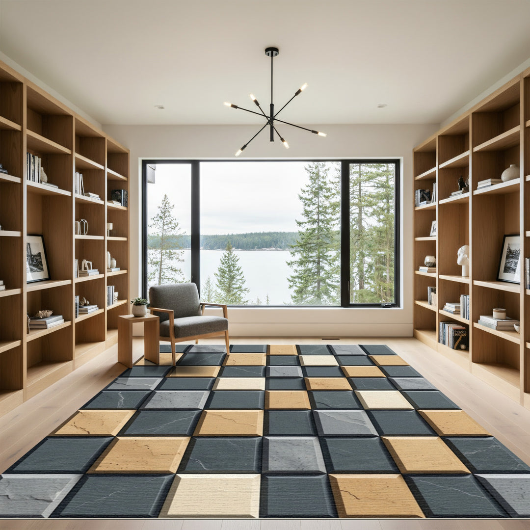 Tonal Square Marble Effect Texture Rug