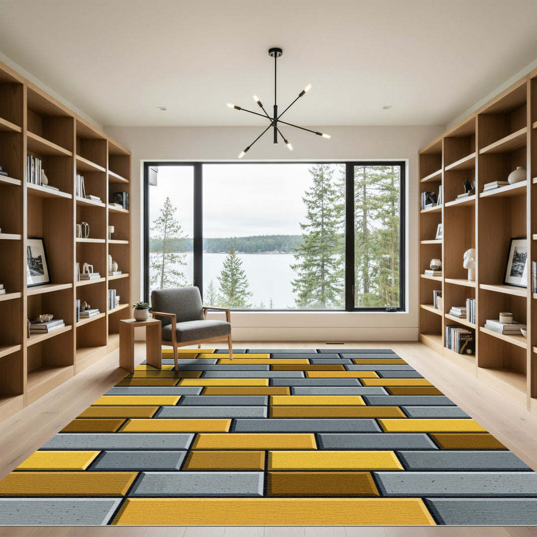 Rectangular Geometric Brick Yellow Gray Rug