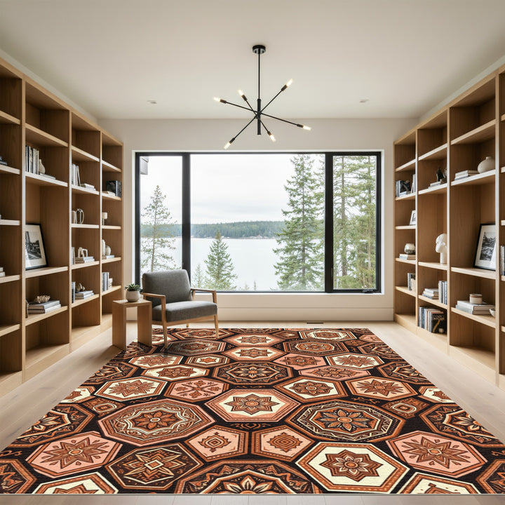 Geometric Terracotta Floral Octagon Rug