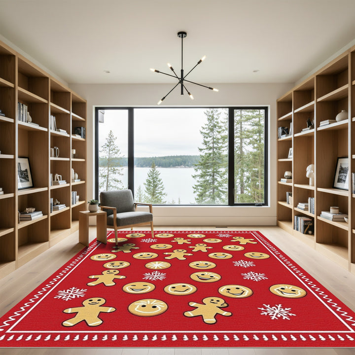 Festive Red Gingerbread Smile Snowflakes Rug