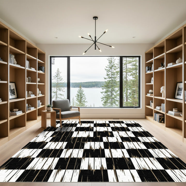 Bold Black White Wood Grain Checker Rug