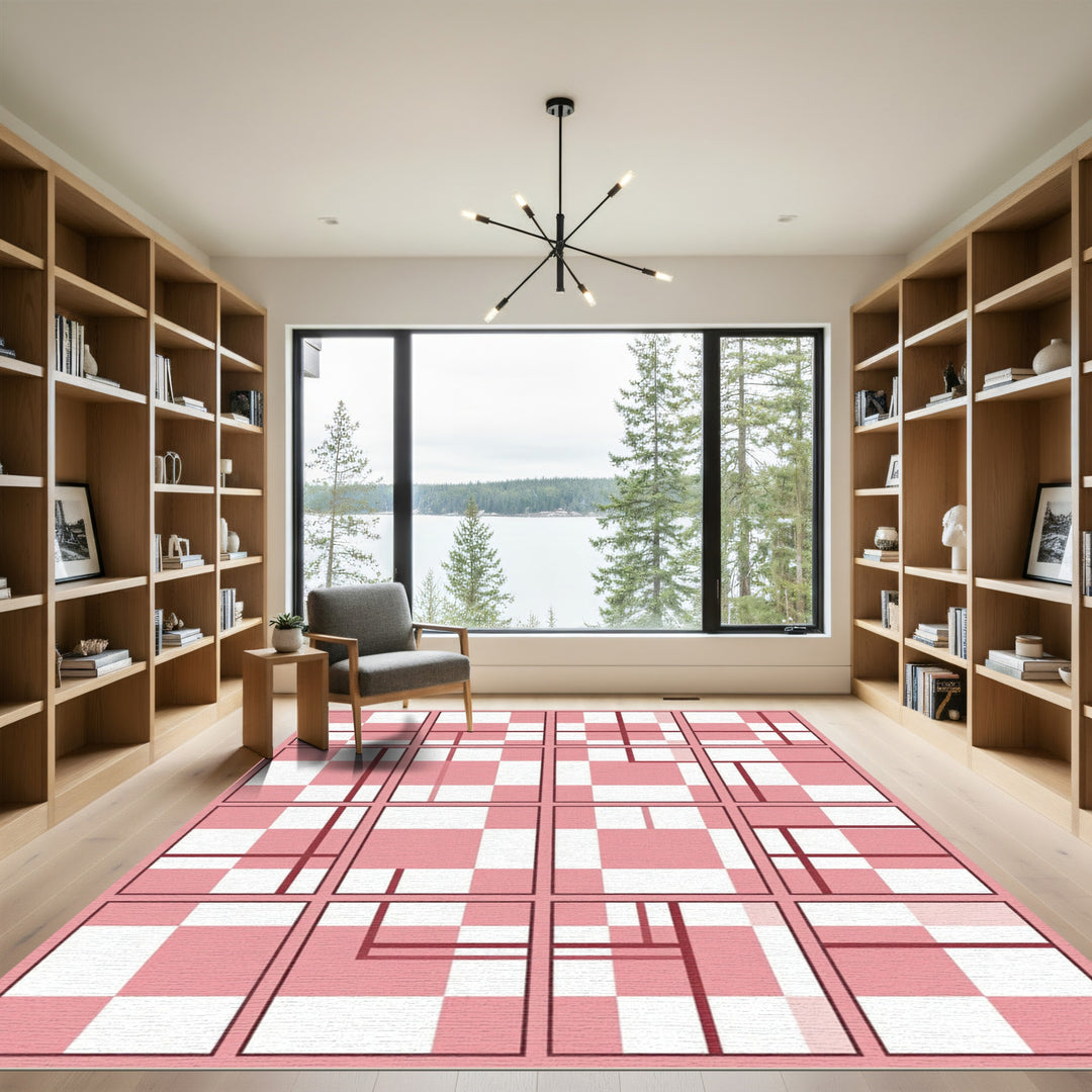 Crimson White Geometric Grid Overlay Rug