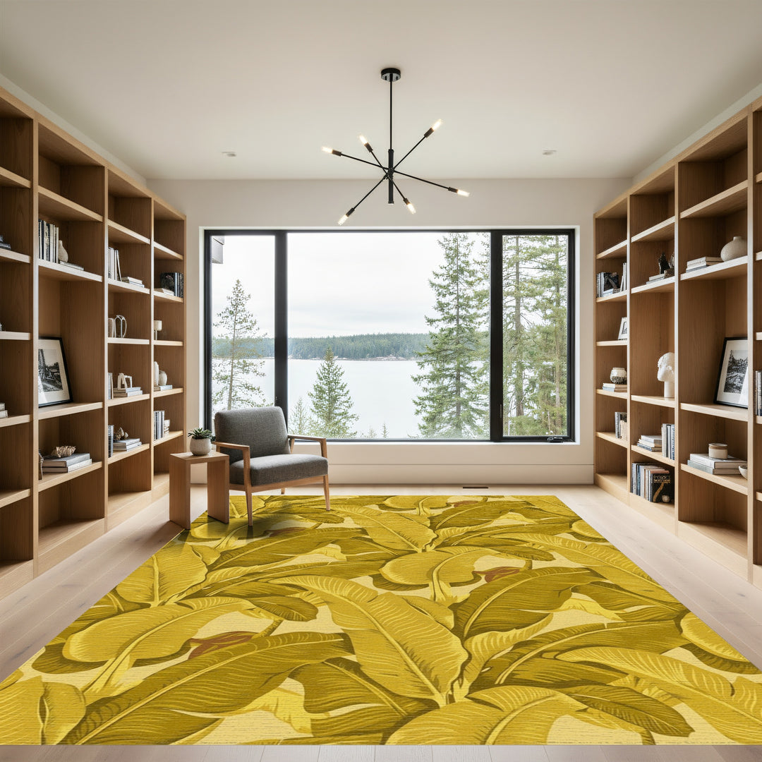 Golden Banana Leaf Tropical Arrangement Rug