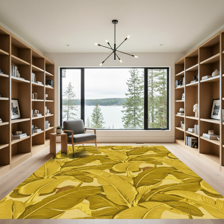 Golden Banana Leaf Tropical Arrangement Rug