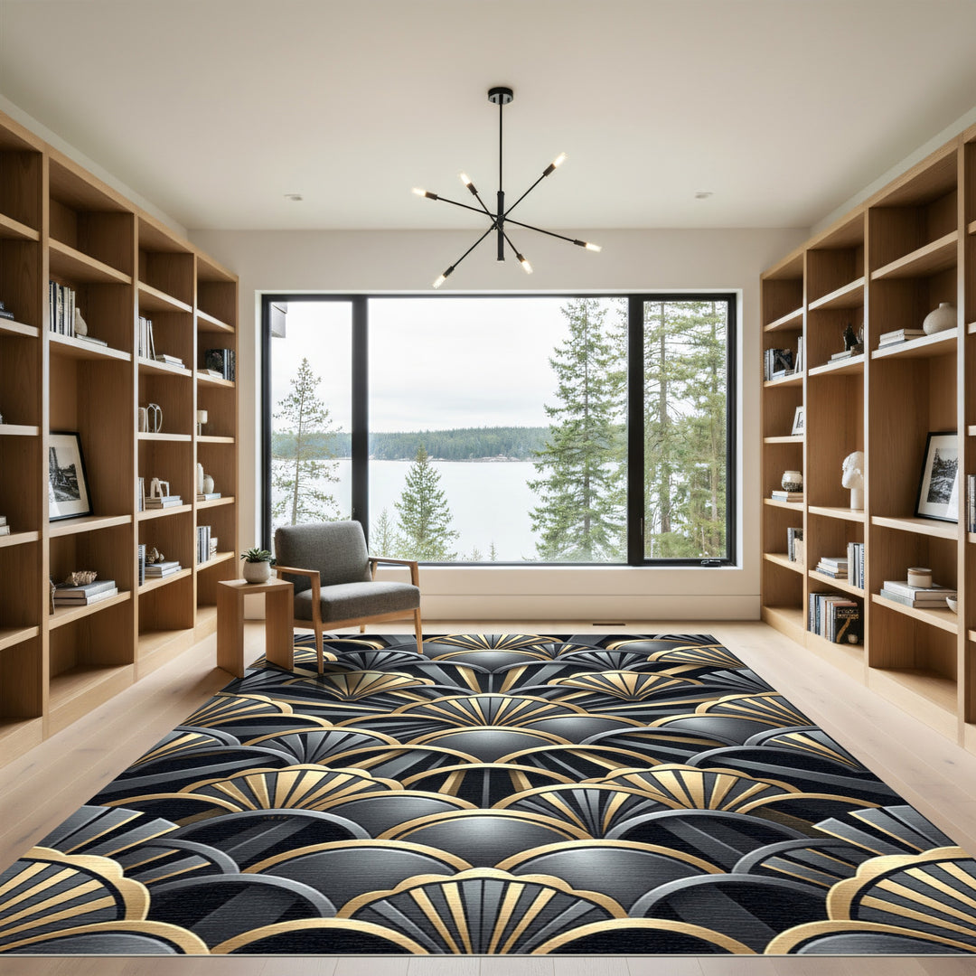 Art Deco Gold Black Fan Rug