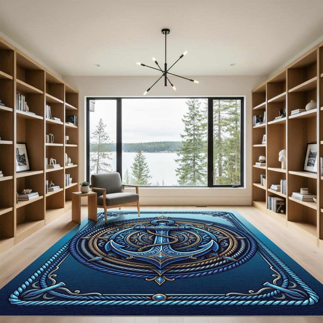 Majestic Blue Golden Anchor Emblem Rug