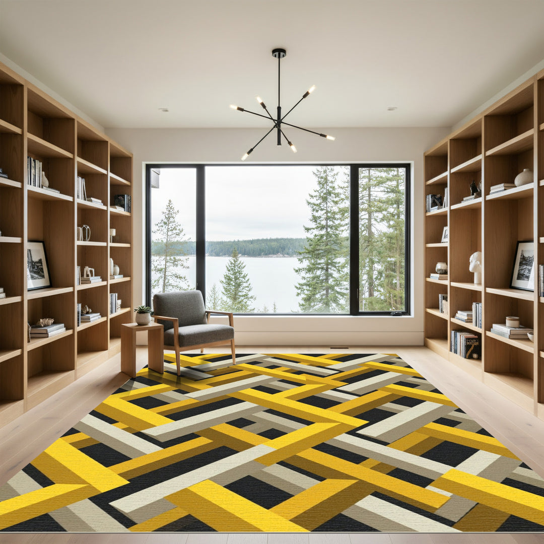 Geometric Yellow Beige Interlocking Pattern Rug