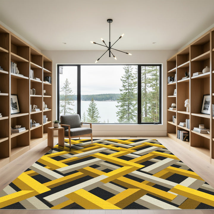 Geometric Yellow Beige Interlocking Pattern Rug