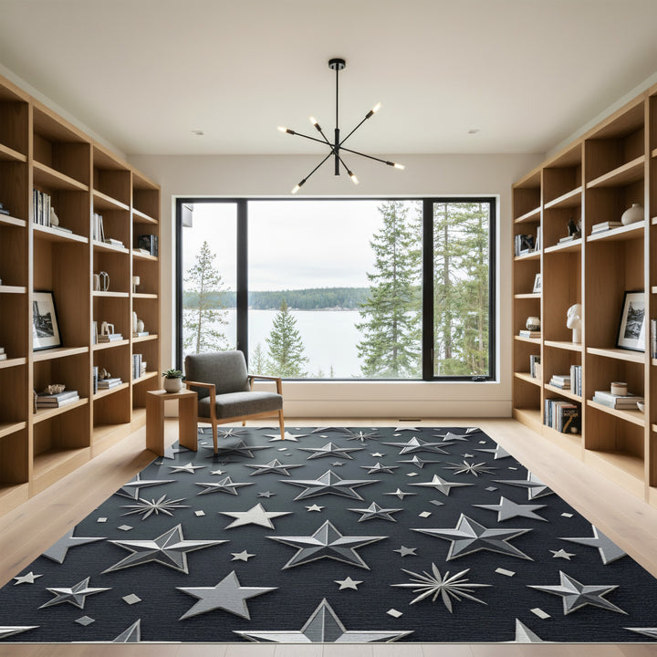 Silver Chrome Stars Area Rug