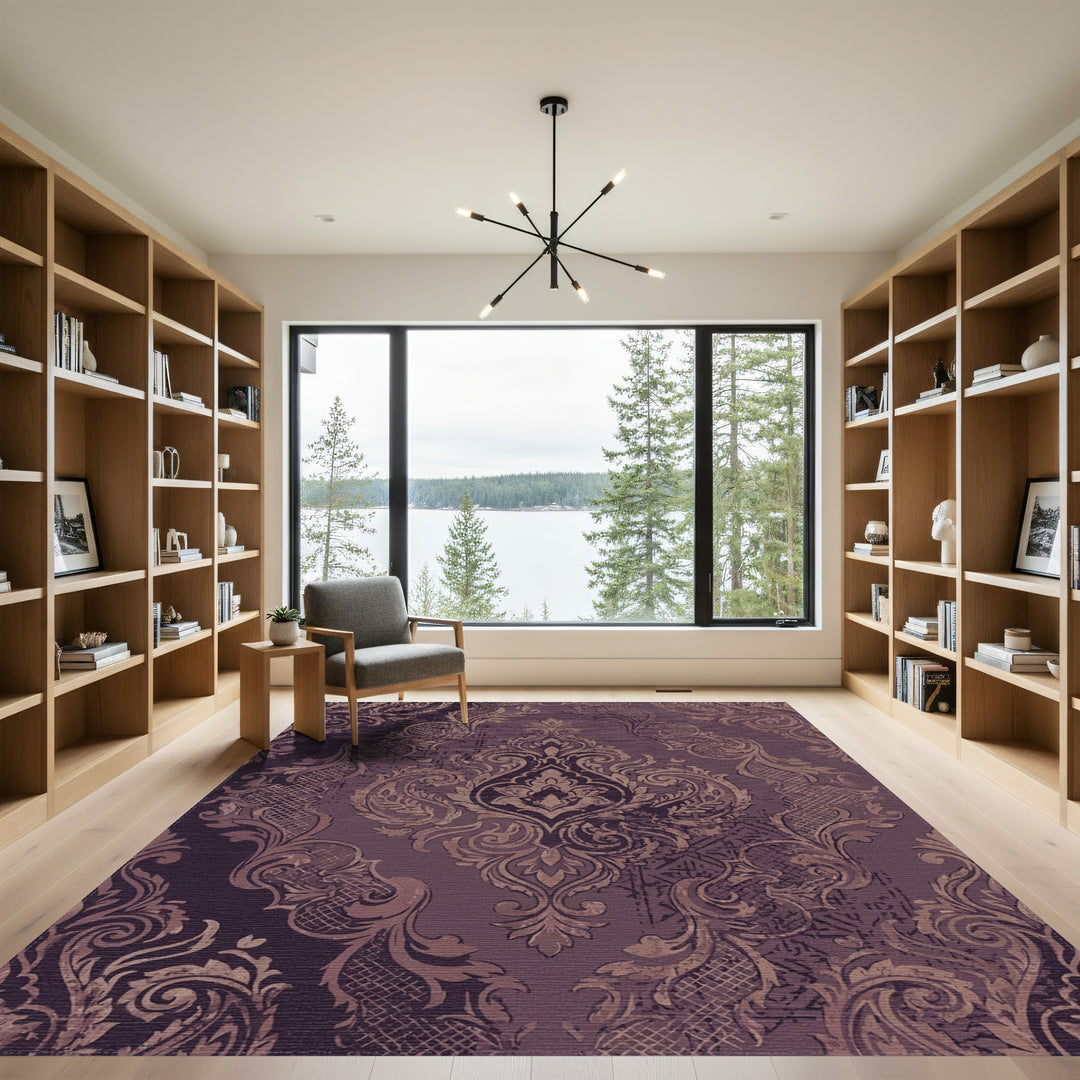 Regal Plum Damask Scrollwork Abstration Rug