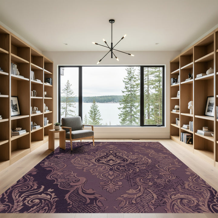 Regal Plum Damask Scrollwork Abstration Rug