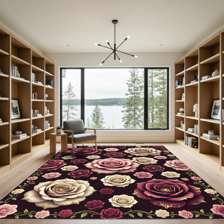 Burgundy Pink Rose Floral Garden Rug