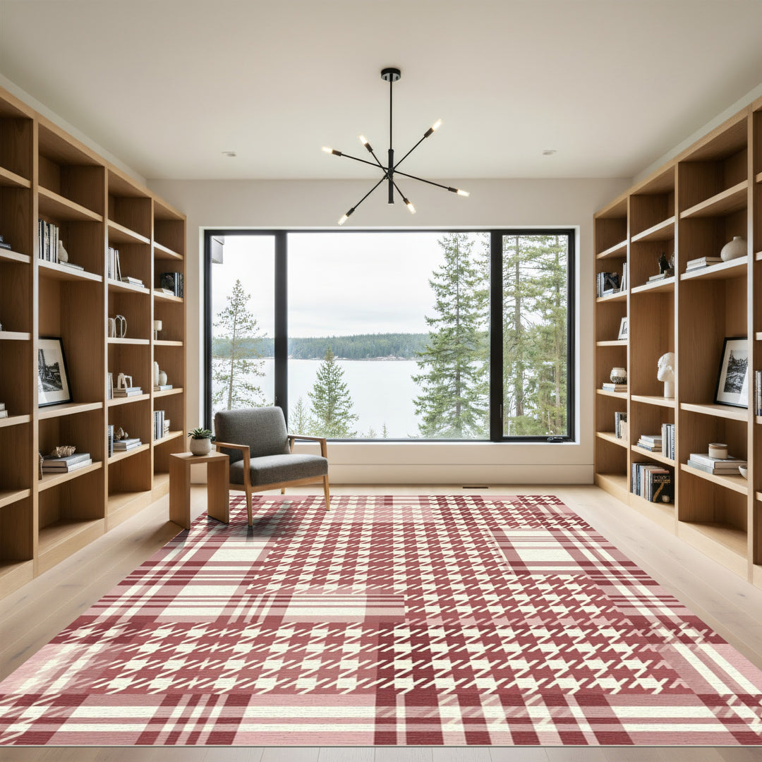 Red and Cream Houndstooth Patchwork Rug
