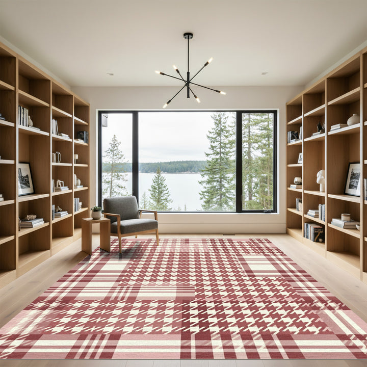 Red and Cream Houndstooth Patchwork Rug