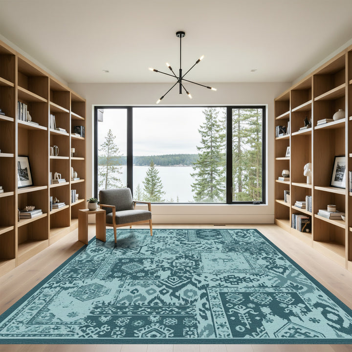 Teal Patchwork Geometric Medallion Rug