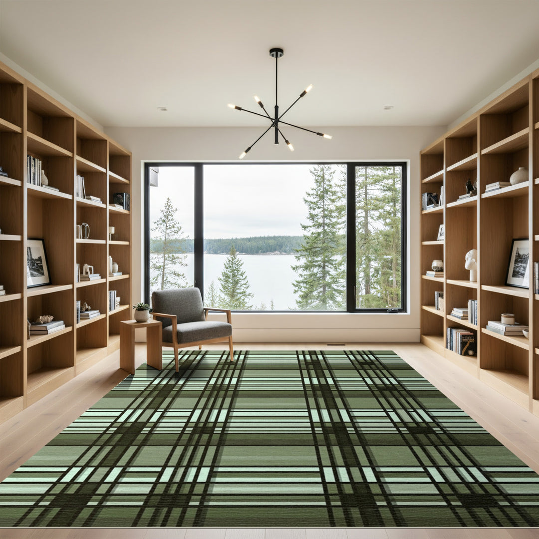 Olive Green Plaid Geometric Grid Rug