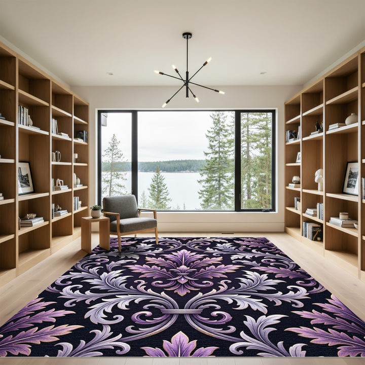 Lavish Purple Silver Damask Flourish Rug