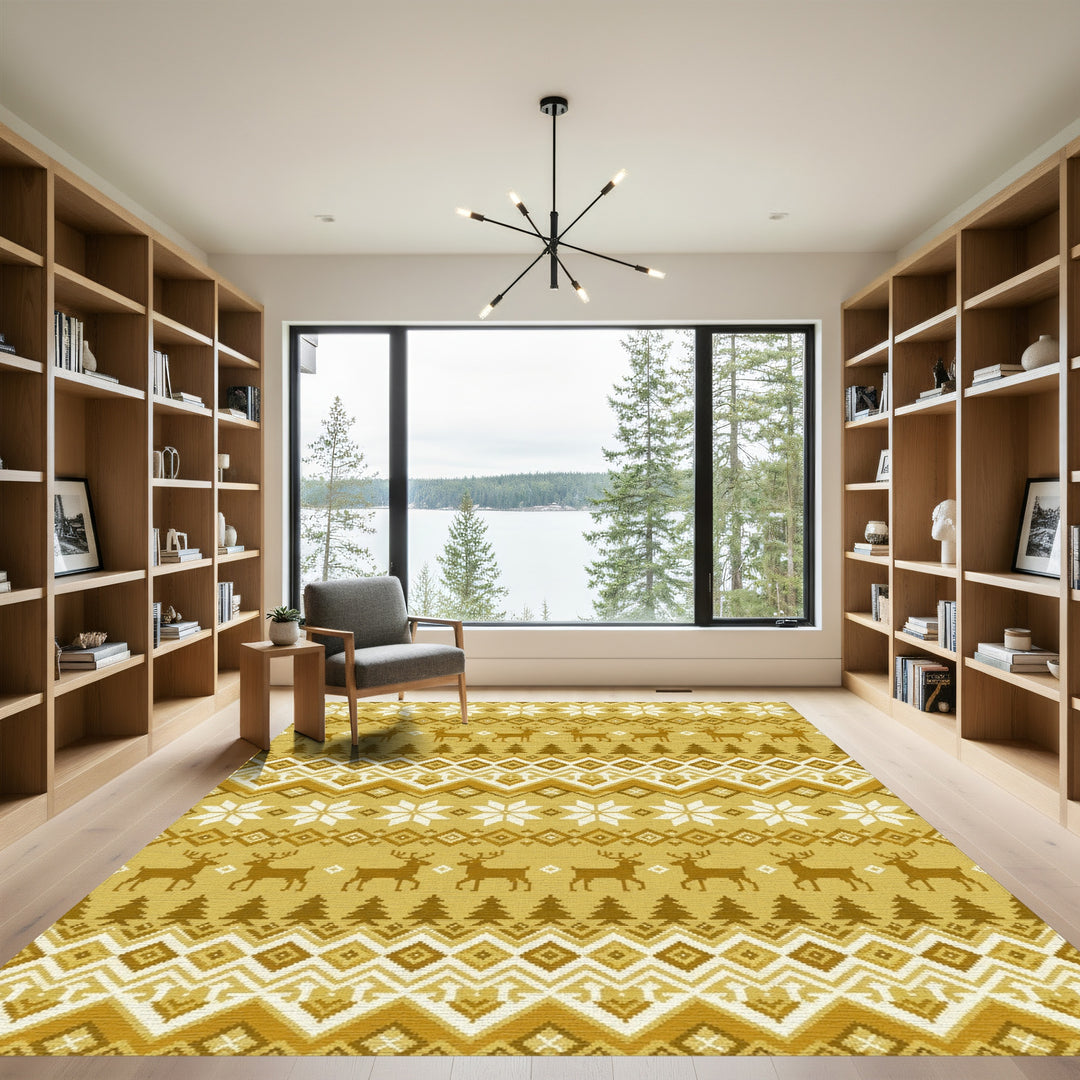 Golden Reindeer Nordic Snowflake Stripes Rug