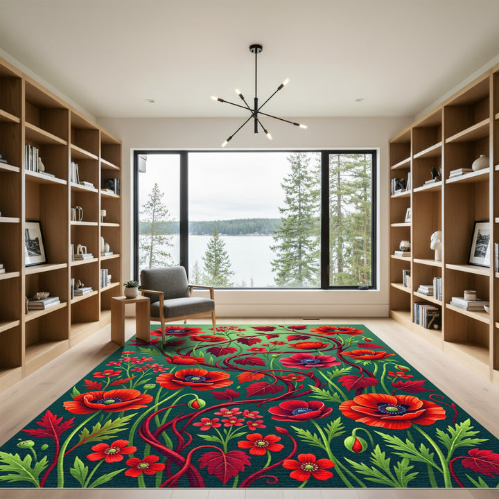 Vibrant Red Poppy Vine Garden Rug