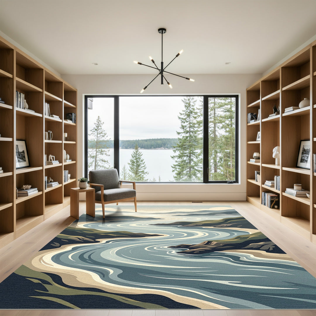 Serene River Gorge Scenic Landscape Rug