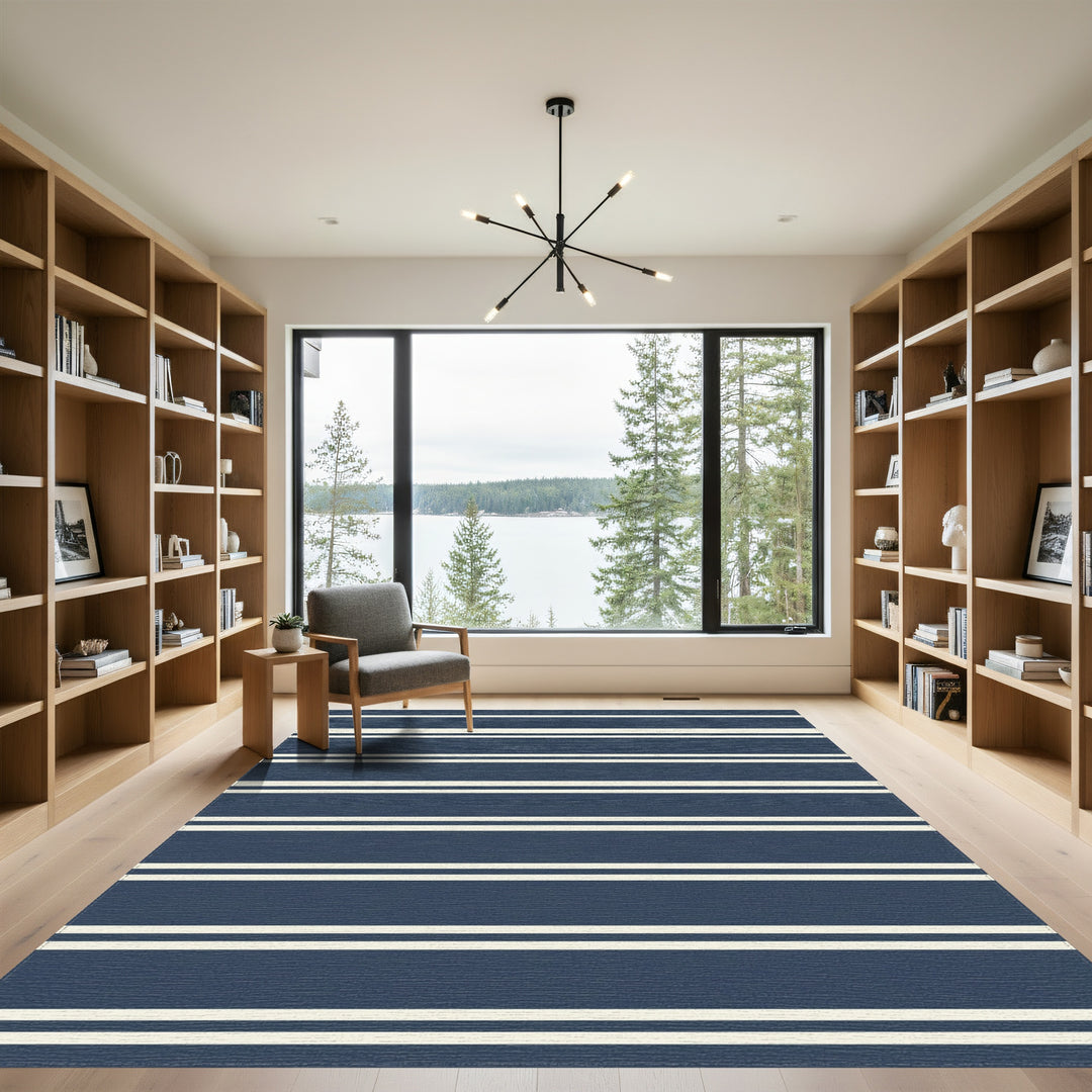 Navy and Cream Striped Rug