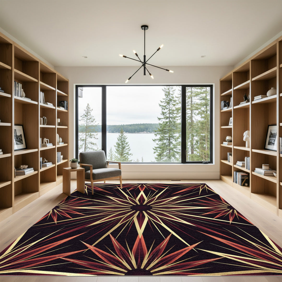 Art Deco Red Golden Starburst Rug