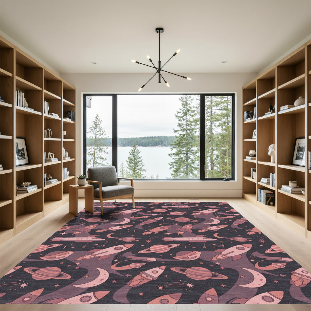 Cosmic Rockets Planets Starry Night Sky Rug