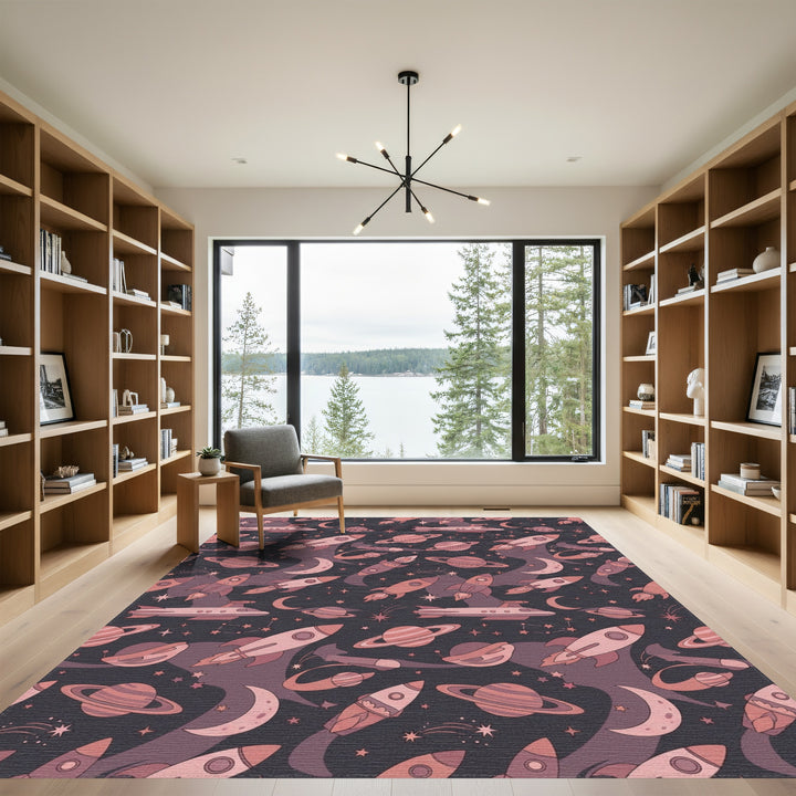 Cosmic Rockets Planets Starry Night Sky Rug