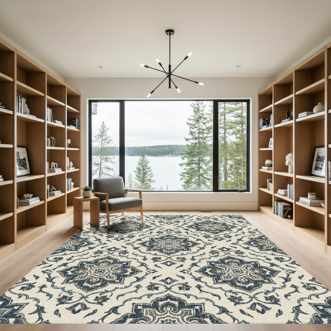 Distressed Navy Damask Medallion Rug