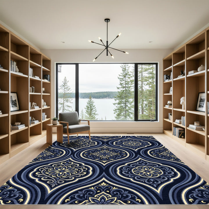 Deep Blue Golden Floral Damask Rug