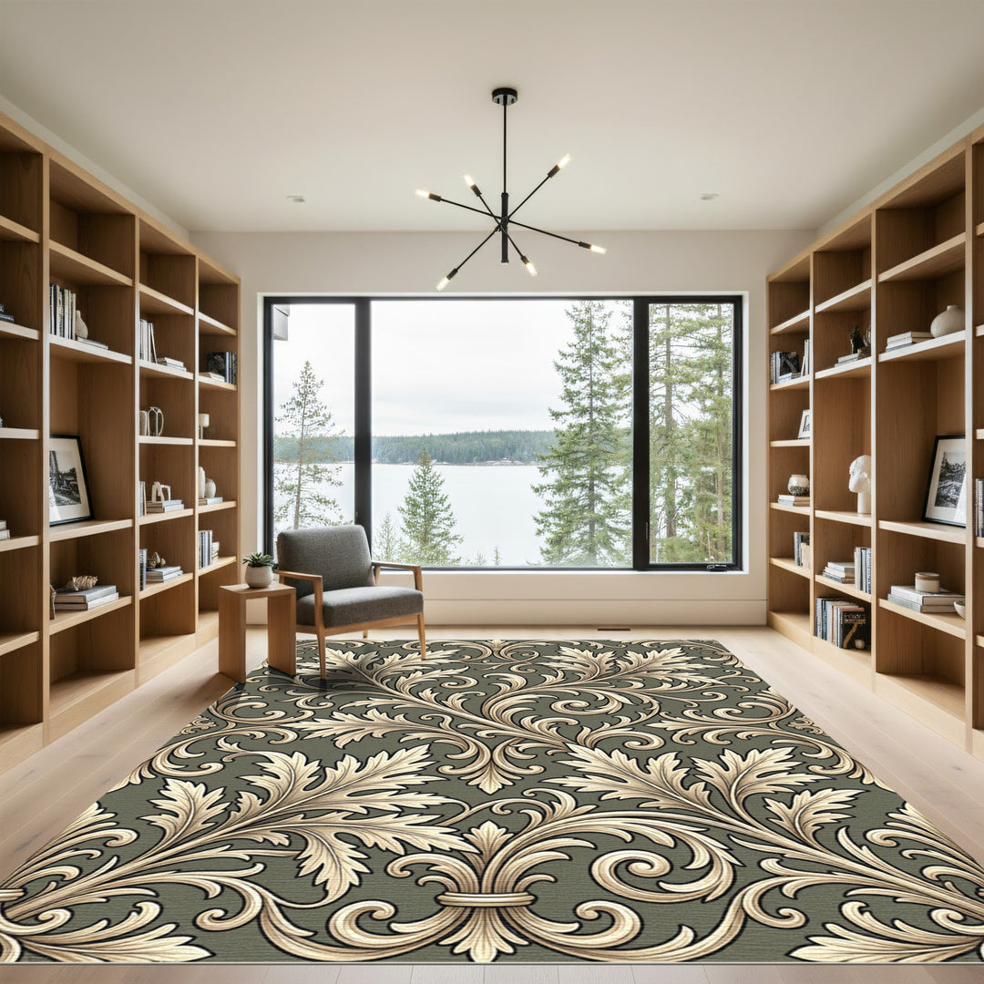 Elegant Tan Acanthus Scroll Rug