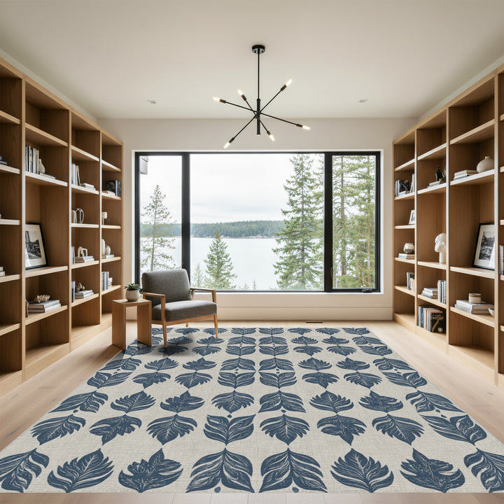 Navy Blue Leafy Imprint Repeat Rug