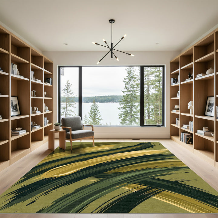 Olive Green Brush Stroke Swirl Rug