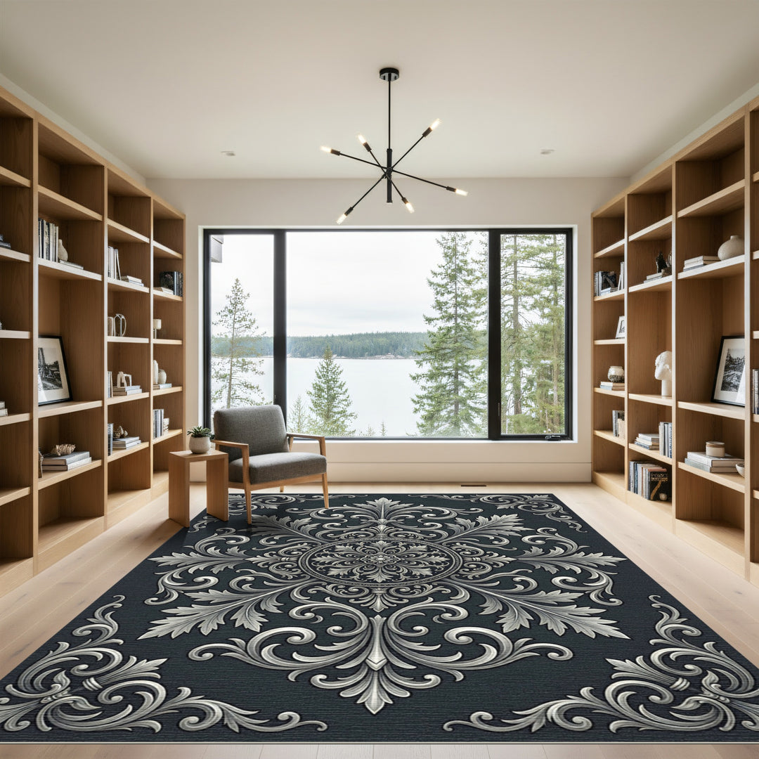 Ornate Damask Floral Silver Rug