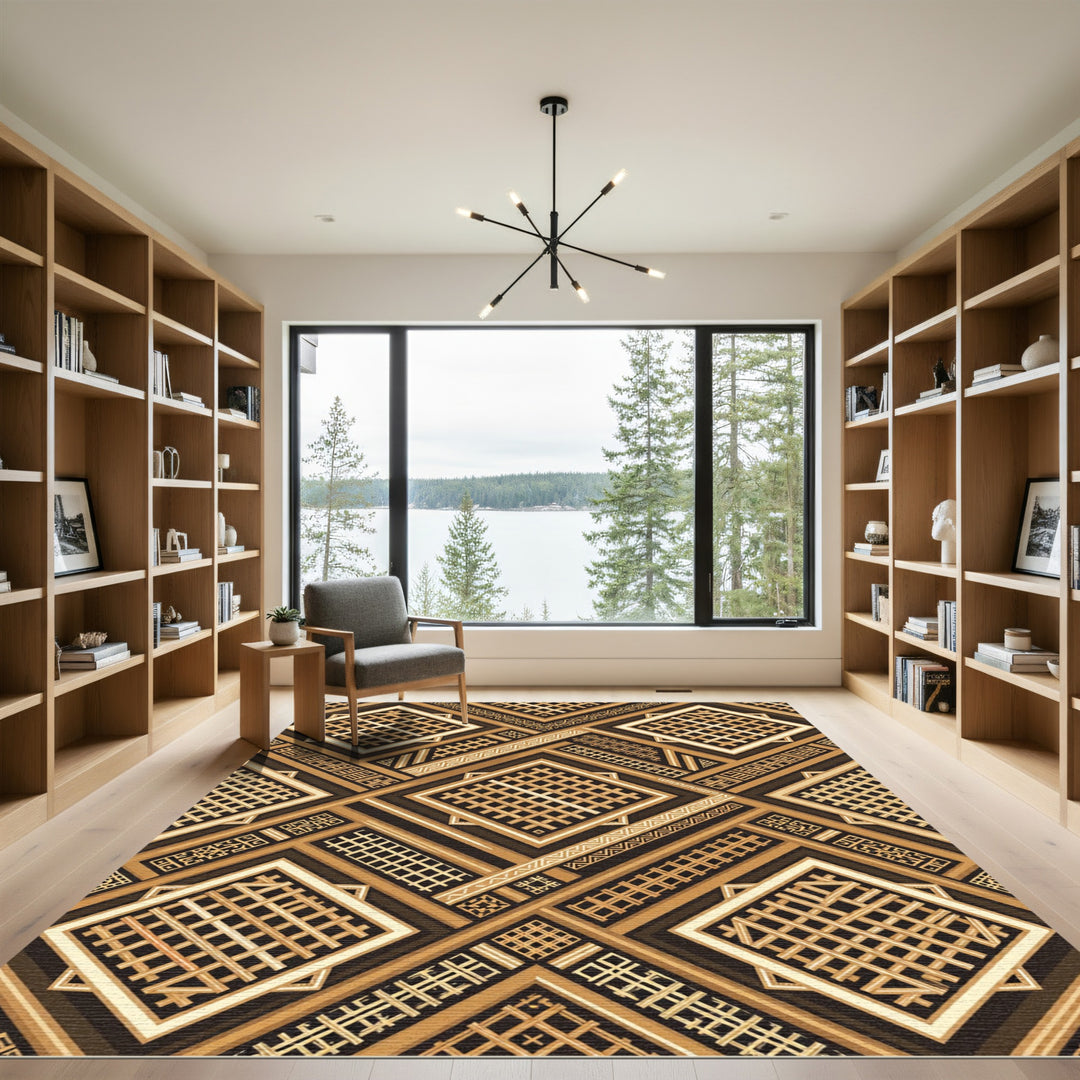 Geometric Brown Lattice Square Rug