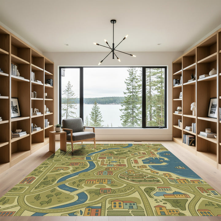 Whimsical Cityscape Map Buildings Rug