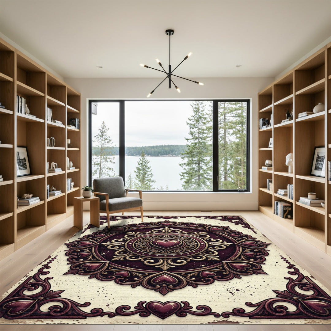 Elegant Crimson Heart Mandala Rug