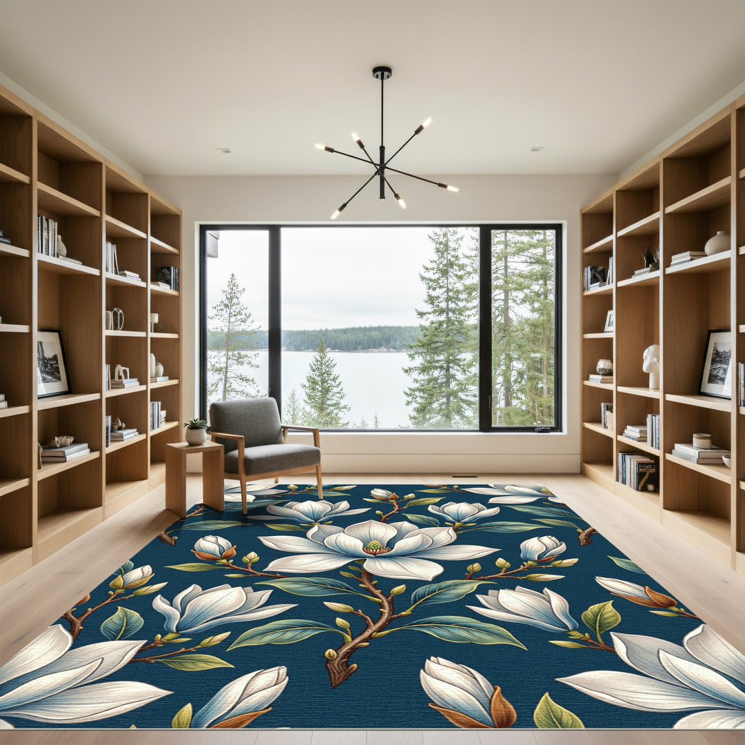 White Magnolia Blossom Dark Floral Rug