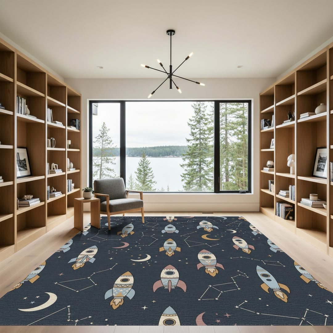 Retro Rocket Starship Constellation Navy Rug