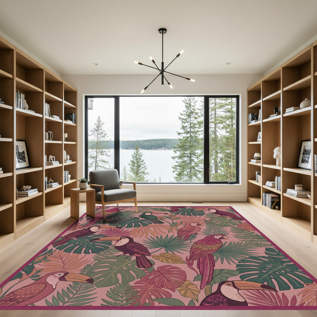 Tropical Toucans and Parrots Foliage Rug